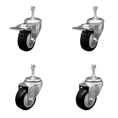 Service Caster 3.5 Inch Black Polyurethane Swivel 10mm Stem Caster Total Lock Brake, 2PK SCC-TSTTL20S3514-PPUB-BLK-M1015-2-S2